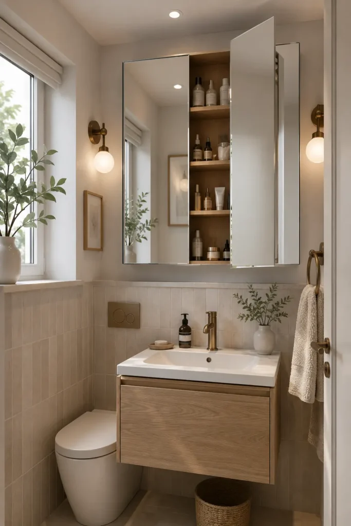 Spa-inspired tiny bathroom with elegant storage styling, soft neutral colors, and a peaceful atmosphere.