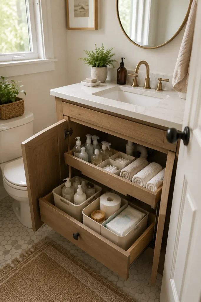 Cozy modern bathroom retreat with efficient storage and a clean relaxing interior design.