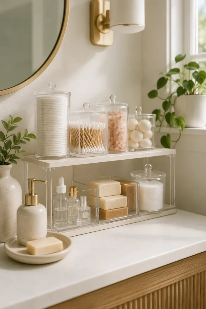 Farmhouse-style small bathroom with neutral accents and smart storage for a warm organized feel.
