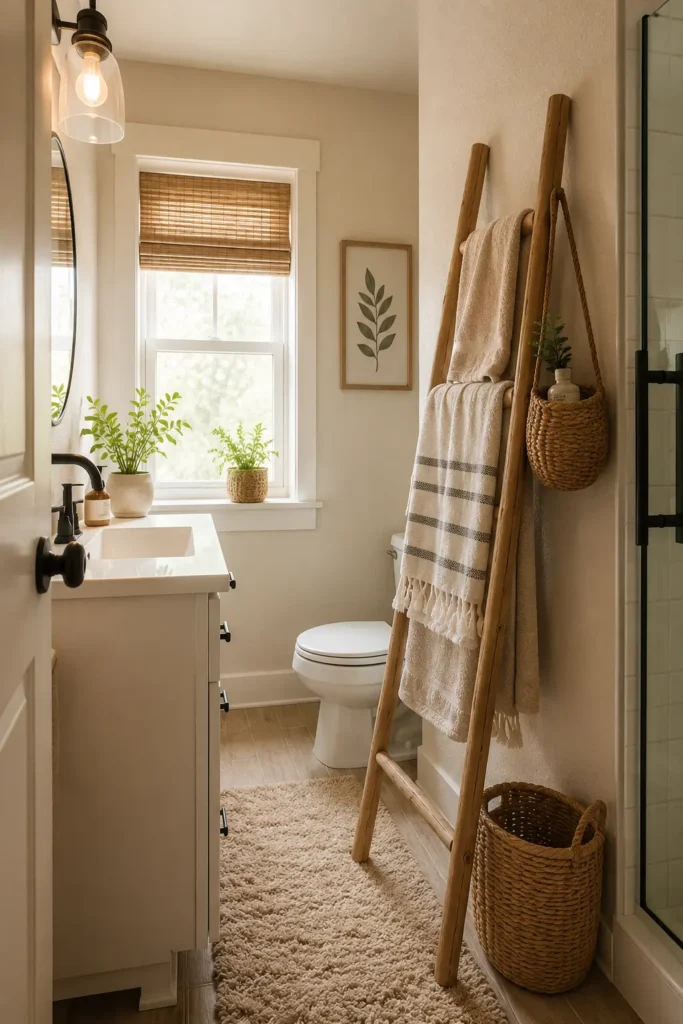 Scandinavian-style bathroom corner with simple storage, clean lines, and a soft cozy look.