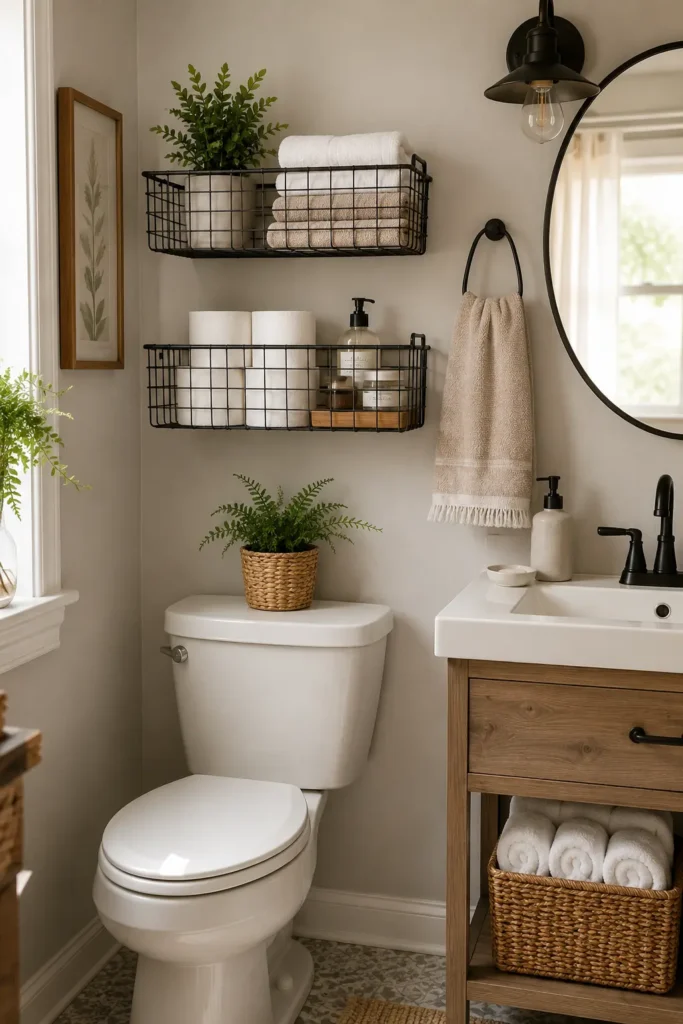 Tiny modern bathroom with natural accents and stylish storage ideas for a fresh uncluttered space.