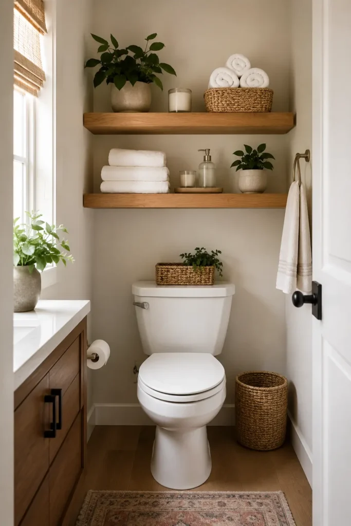Warm wood shelves above the toilet in a tiny bathroom for extra storage