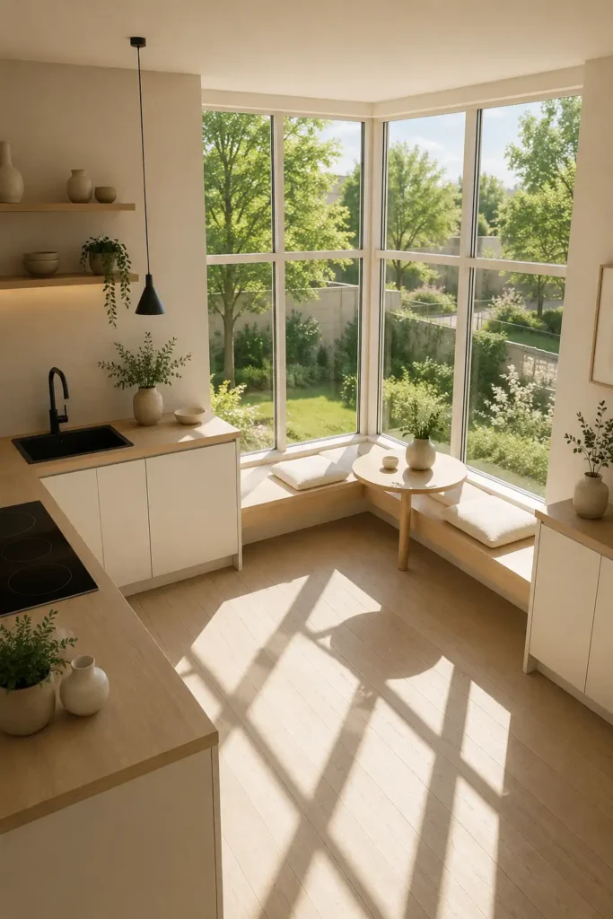  Bloxburg kitchen build, showing a bright Scandinavian kitchen wrapped by tall corner windows on two adjoining walls.