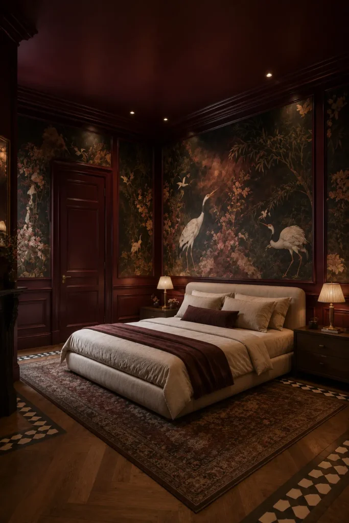bedroom featuring a lacquered burgundy aviary interior,