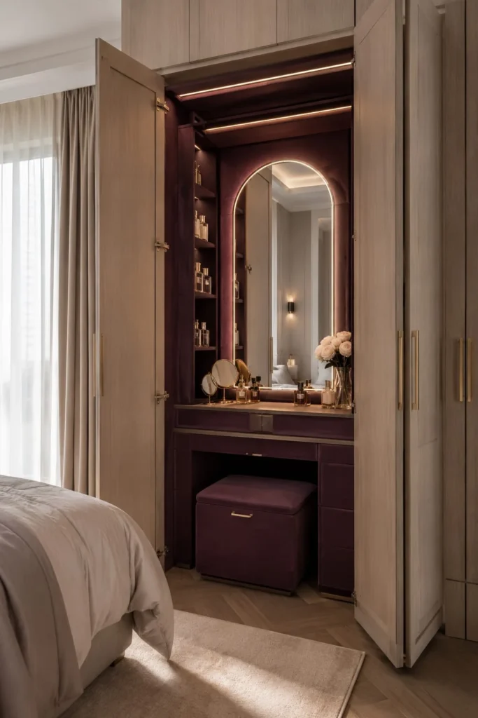 Vanity Inside a tall pale-oak wardrobe.