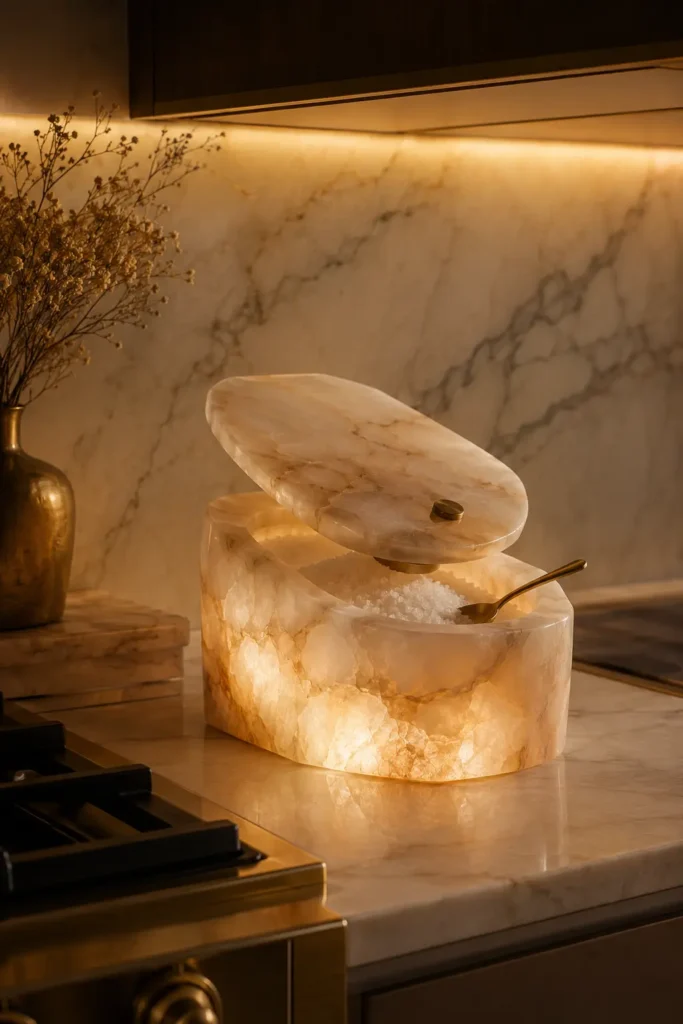 A glowing alabaster salt vault for Kitchen Counter Decor.