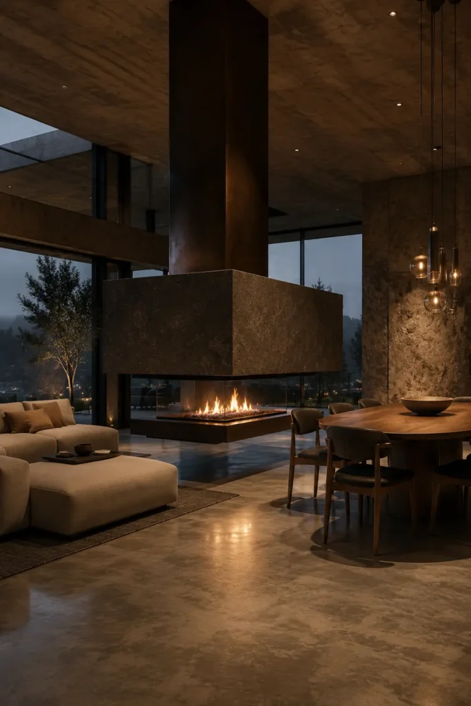 open layout living room and dining room with a suspended double-sided fireplace.