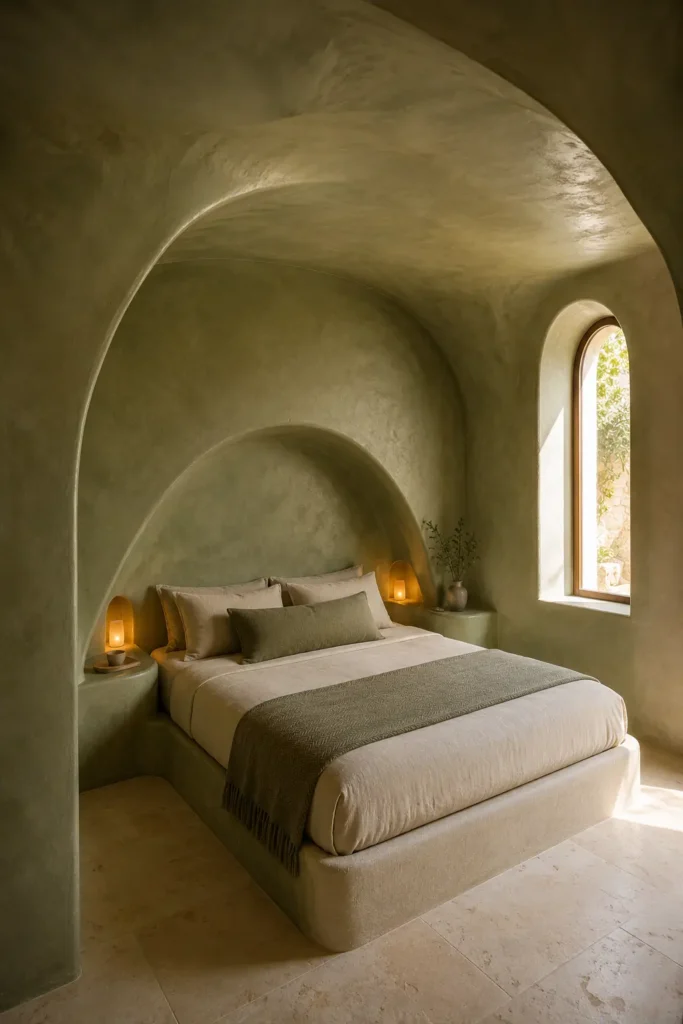 compact bedroom featuring a sculptural sage-green plaster sleeping niche.