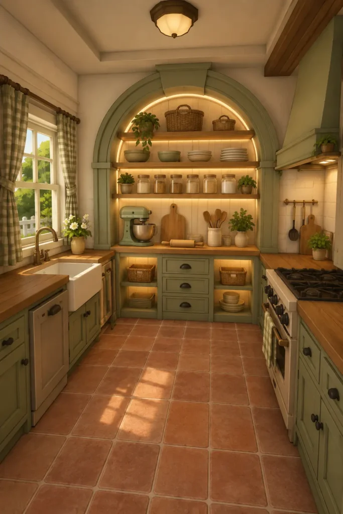 Sage Cottage Bloxburg Kitchen With an Arched Baking Hutch.