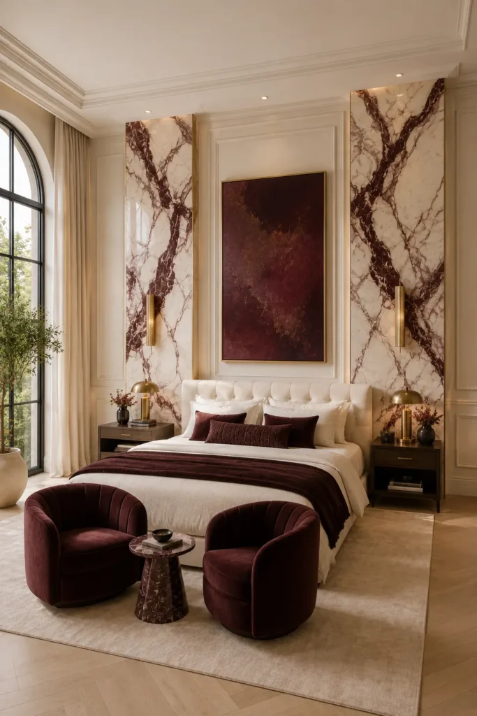 bedroom featuring two monumental bookmatched marble piers.