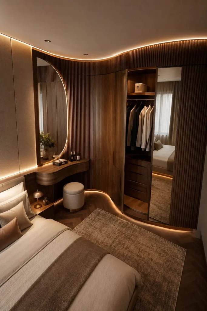 bedroom with a sweeping curved dressing wall 