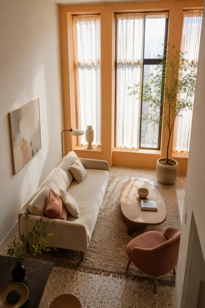 compact city-apartment living room in soft morning light, the entire tall window wall painted a luminous pale apricot.
