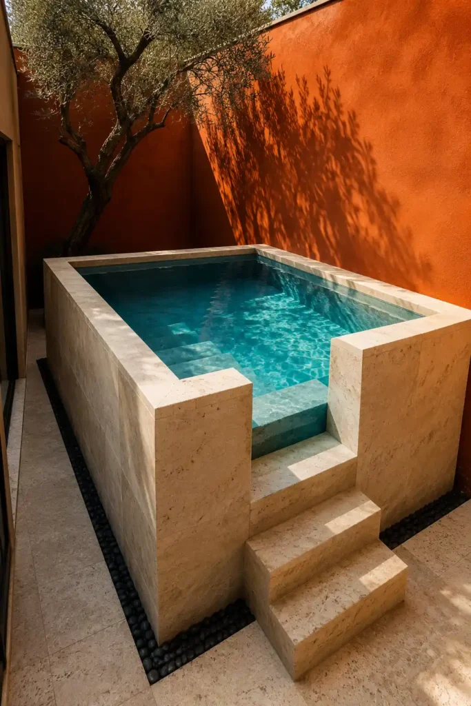 Monolithic Travertine Cube Plung Pool.