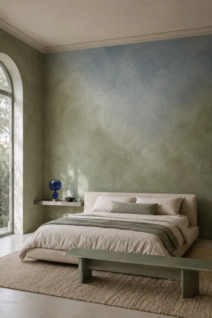  modern bedroom with a hand-finished sage-to-dusty-blue gradient plaster wall.