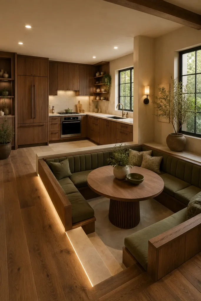  modern kitchen inspiration for a Bloxburg build, featuring a dramatic sunken breakfast booth directly beside the kitchen.
