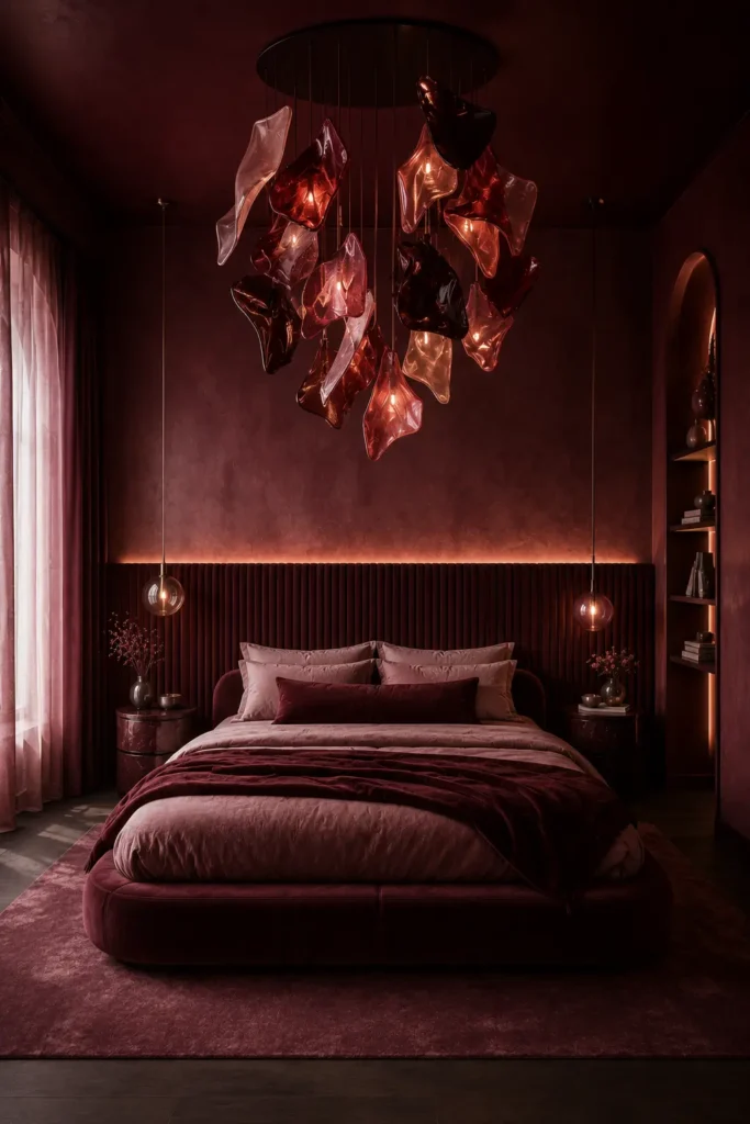 modern bedroom featuring a suspended rosé-noir light sculpture.