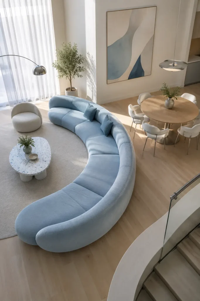 open layout living and dining room where an oversized powder-blue crescent sofa creates a graceful architectural boundary.