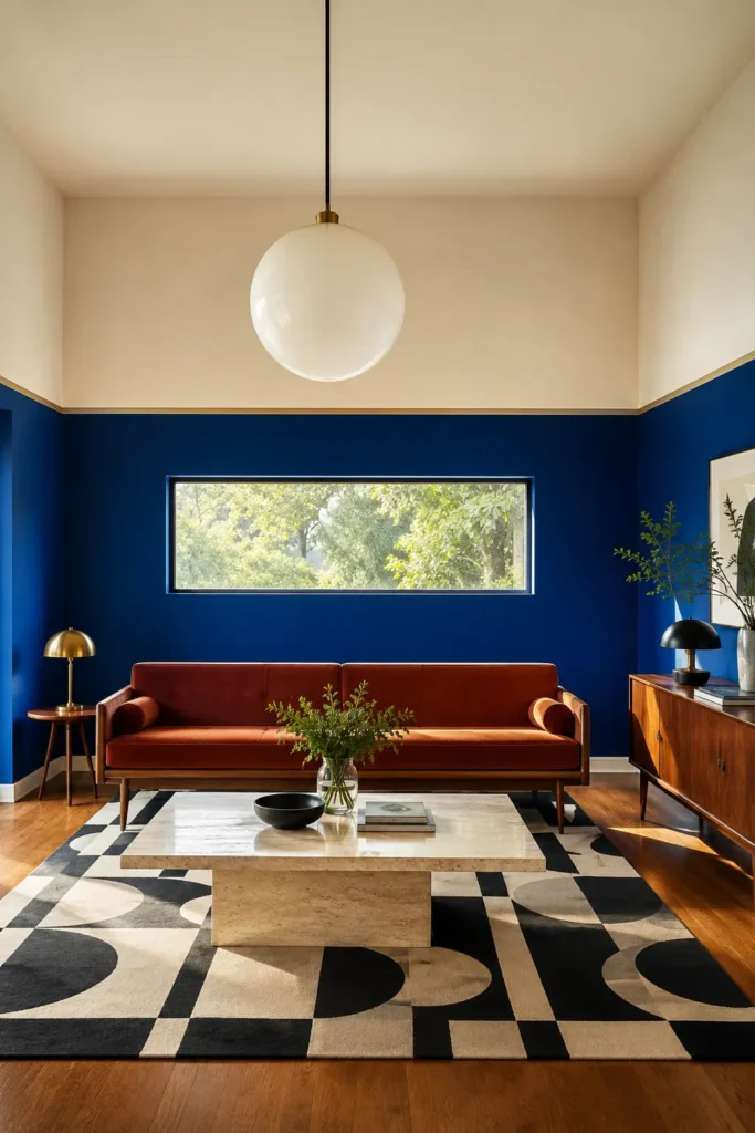 Living room  wall wrapped in cobalt blue from the floor to two-third height.