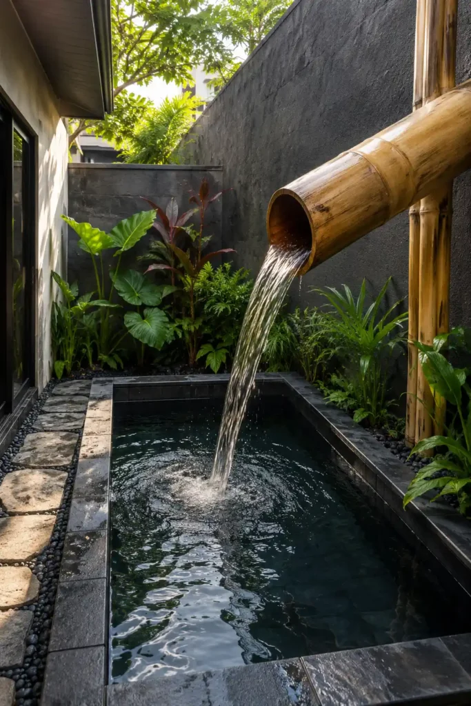 tiny enclosed backyard with a compact charcoal-tiled plunge pool tucked tightly into one corner. An oversized bamboo water spout above.