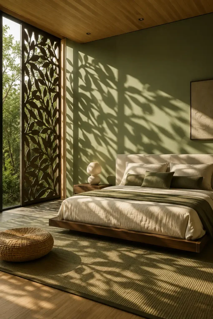 botanical shadow screen as the central hero, slim dark-bronze panel positioned beside a tall window with abstract olive-leaf cutouts.