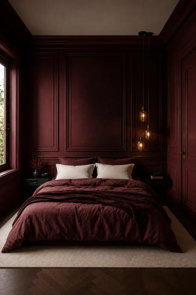 bedroom featuring full oxblood color drenching across tall classical wall panelling.