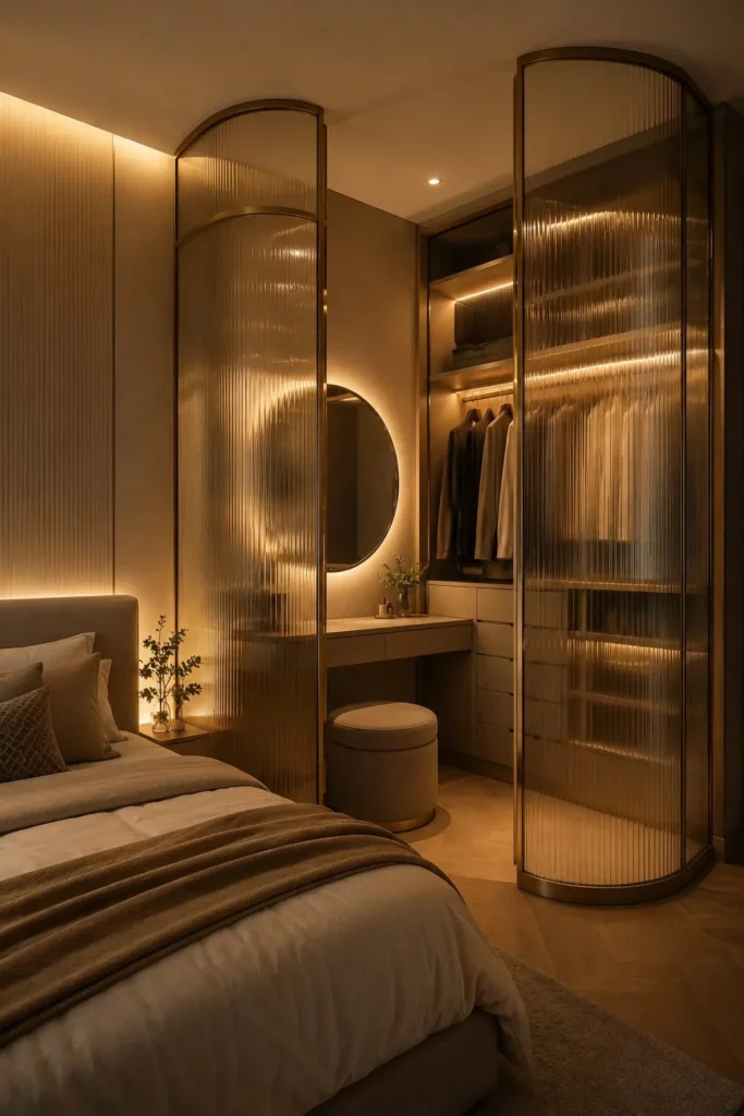 small bedroom with a glowing corner dressing pod, two slim curved reeded-glass panels framed in champagne bronze creating a compact enclosure around dressing room.
