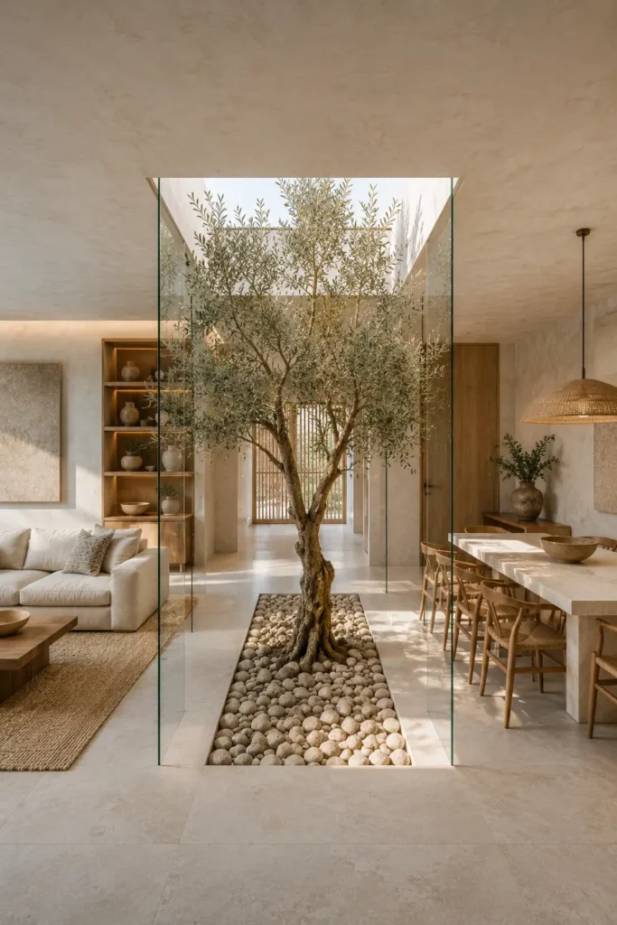 open layout living room and dining room arranged around a miniature indoor olive courtyard.