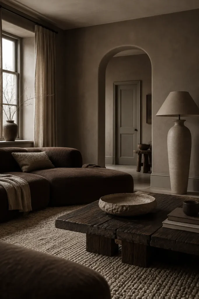 Modern living room fully color-drenched in layered mushroom tones, walls in velvety matte mushroom taupe, ceiling in a slightly lighter putty shade, traditional door and deep skirting in subtle satin greige.