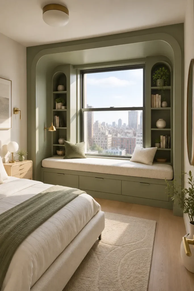  small bedroom featuring a sage-green window reading pod .
