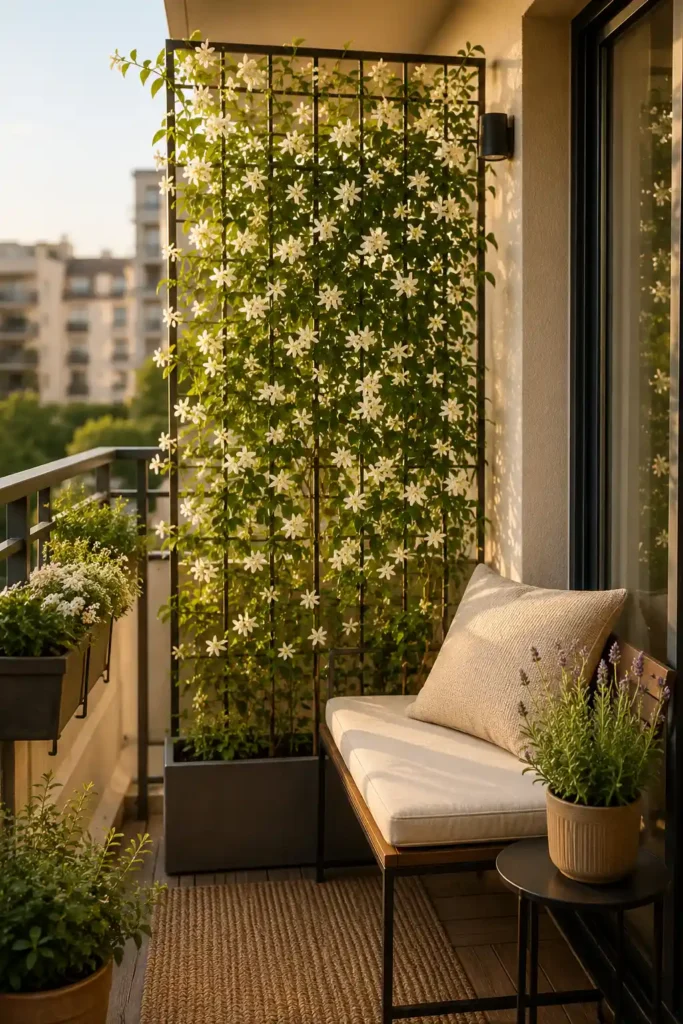 small apartment balcony with one side transformed into a flowering jasmine privacy screen.