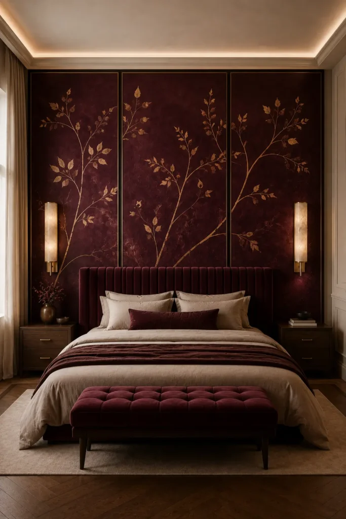 elegant bedroom image featuring a three-panel burgundy botanical triptych.