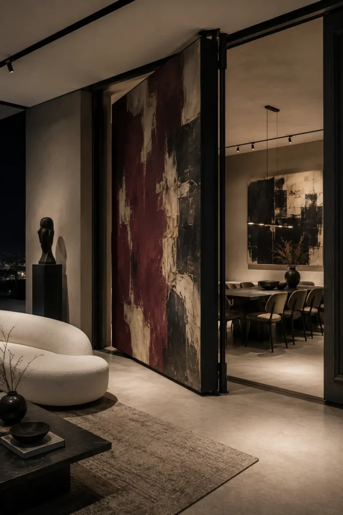 open living and dining space featuring a monumental rotating art portal.