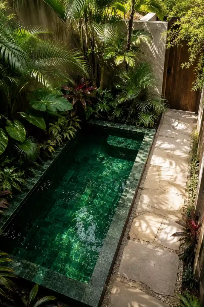  small plunge pool hidden inside one lush corner of a compact backyard.