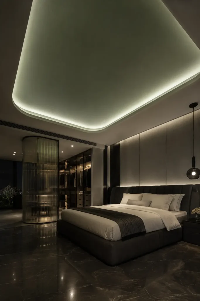  bedroom image featuring a dramatic sage-green ceiling light moat.