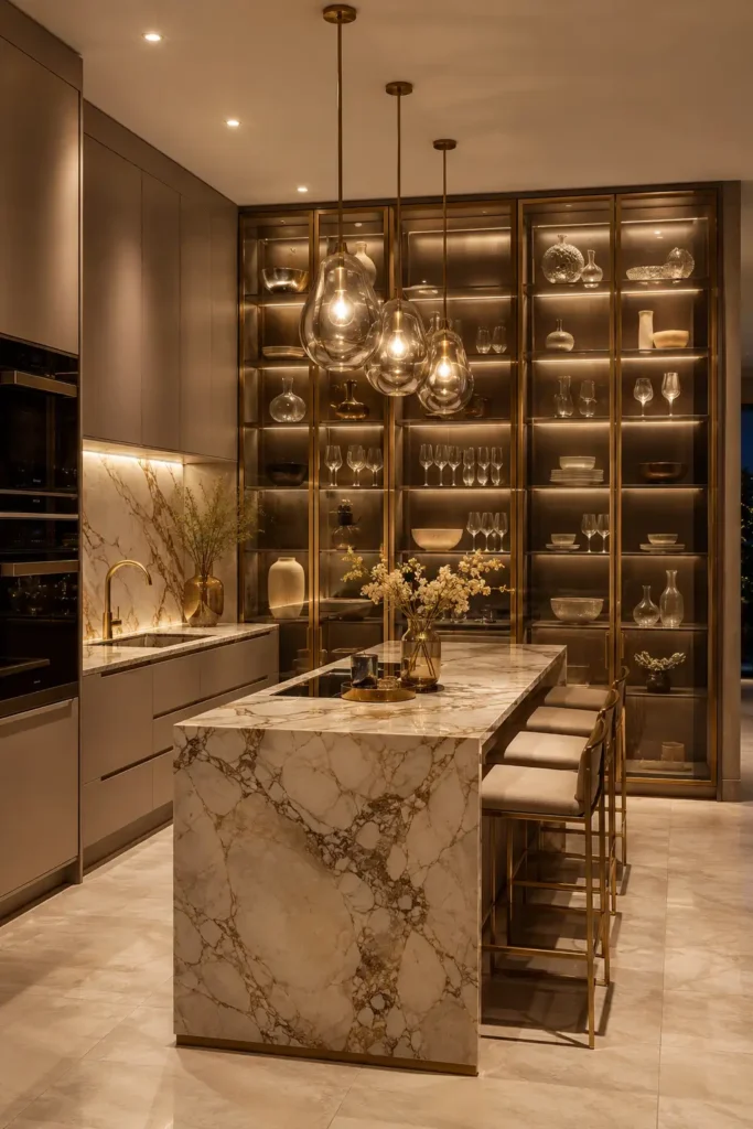 glamorous kitchen inspiration for a Bloxburg build, designed around a floor-to-ceiling glowing glass display wall.