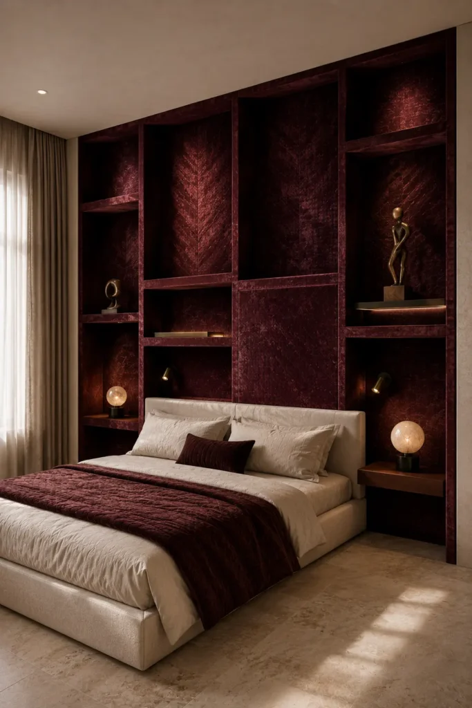 bedroom featuring a floor-to-ceiling burgundy velvet shadow-box wall.