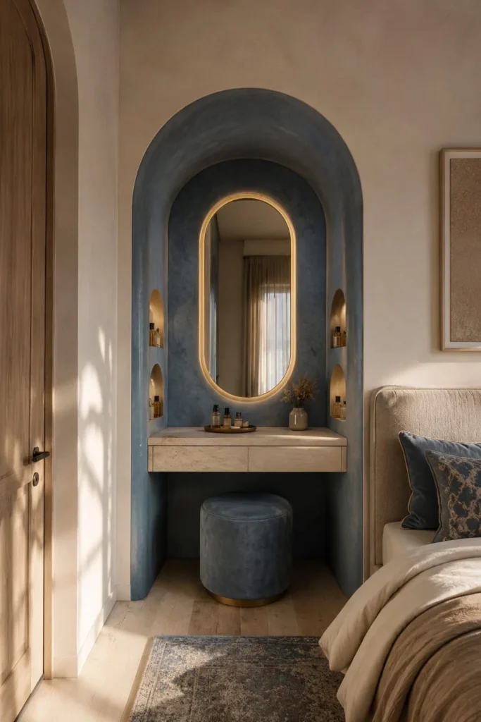  small bedroom with a sculptural arched dressing alcove.