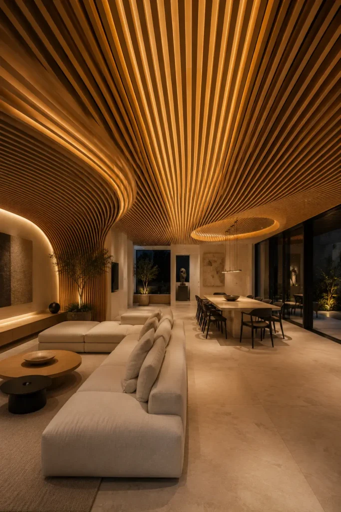  long open layout living room dining room beneath a spectacular continuous timber ribbon canopy,
