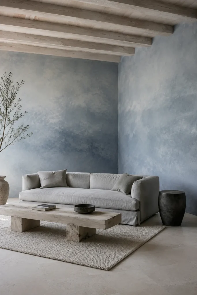 The Mineral-Blue Mist Limewash Paint Idea for Living room.