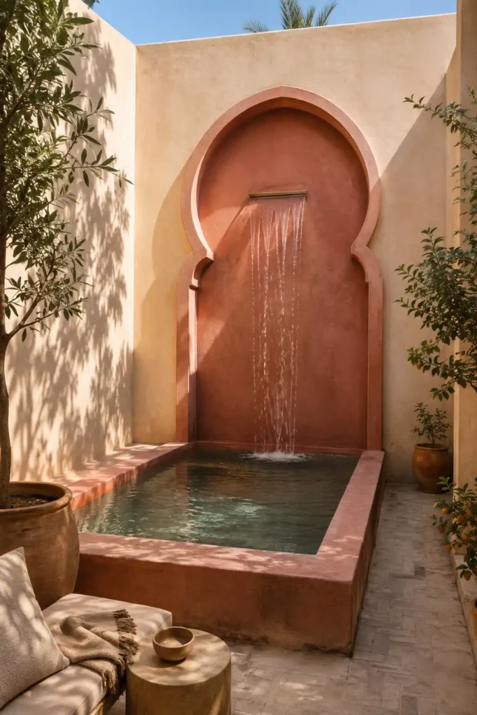 compact small-yard plunge pool beneath one dramatic Moorish keyhole arch.