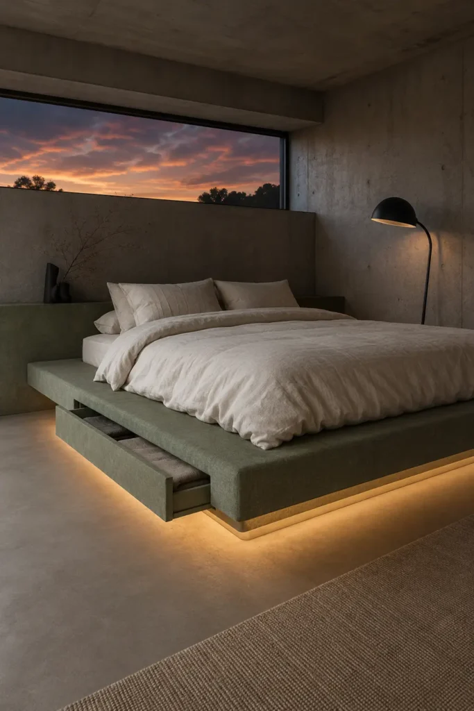 bedroom featuring a floating sage-green bed platform 