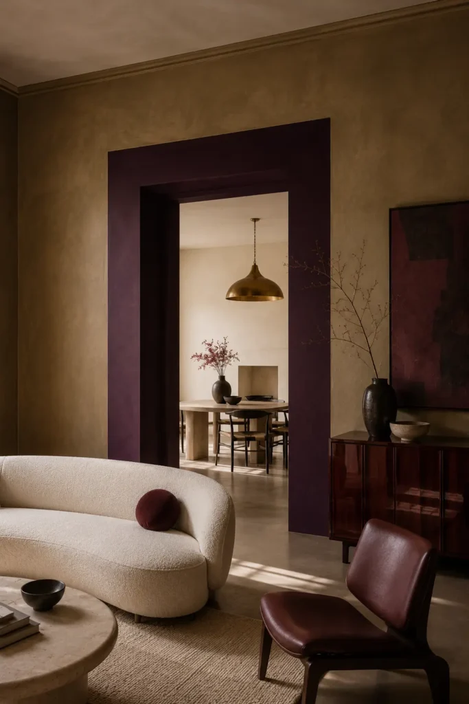 The Warm Khaki on Living room wall and Aubergine Door Portal.