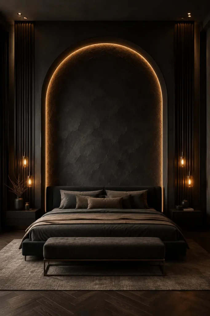 Dramatic Arched Halo Wall Behind the Bed for Black Bedroom Design.