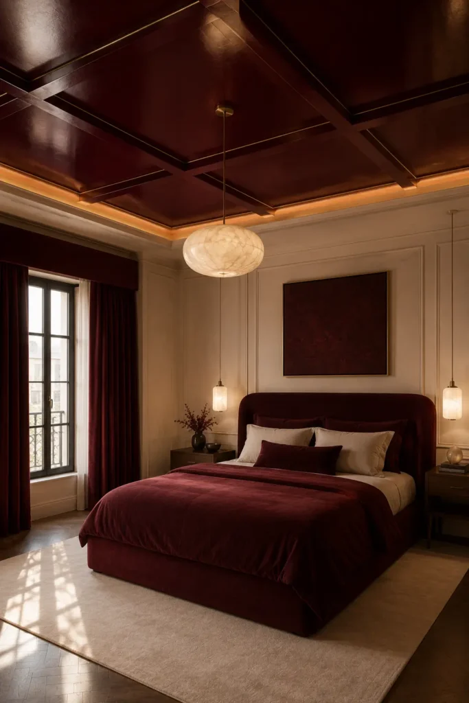 bedroom featuring a burgundy jewel-box ceiling.