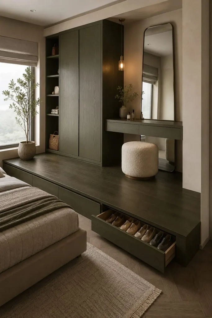 creative small bedroom with a raised dressing platform.