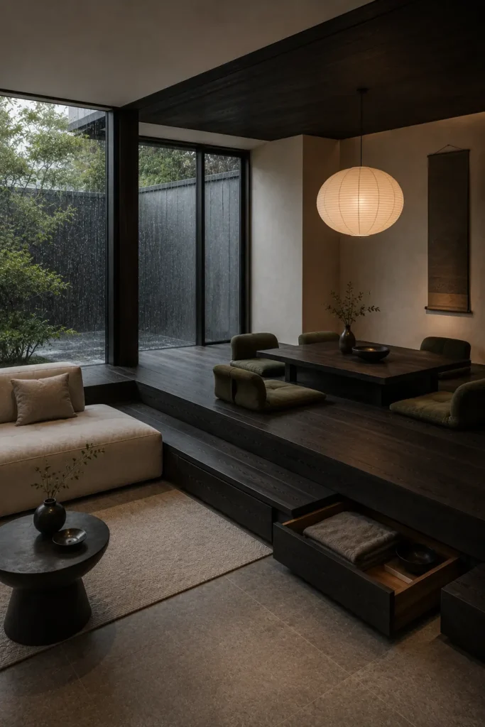  Japanese-inspired open-plan living dining room interior featuring a raised dining terrace.