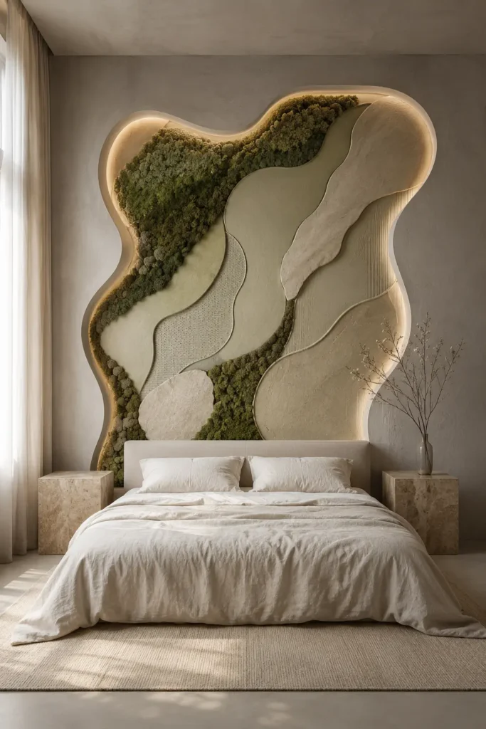  bedroom image featuring a sculptural moss-and-sage art headboard.