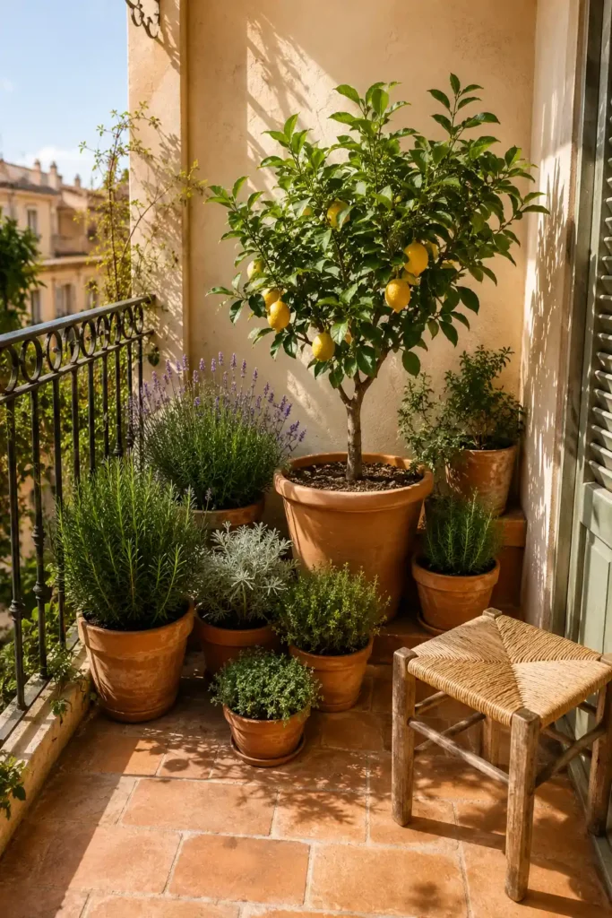 Mediterranean Pot Garden Around One Lemon Tree.