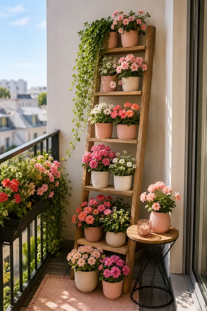 small balcony featuring a slim leaning ladder shelf turned into a layered flower garden.