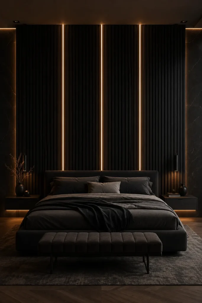 Black Slat Black bedroom Wall With Vertical Light Blades.
